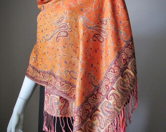 Vintage paisley brocade orange scarf, fall/winter accessories, neckwear for women