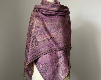 Châle pashmina violet, grand motif cachemire, deux options châle ou écharpe infini