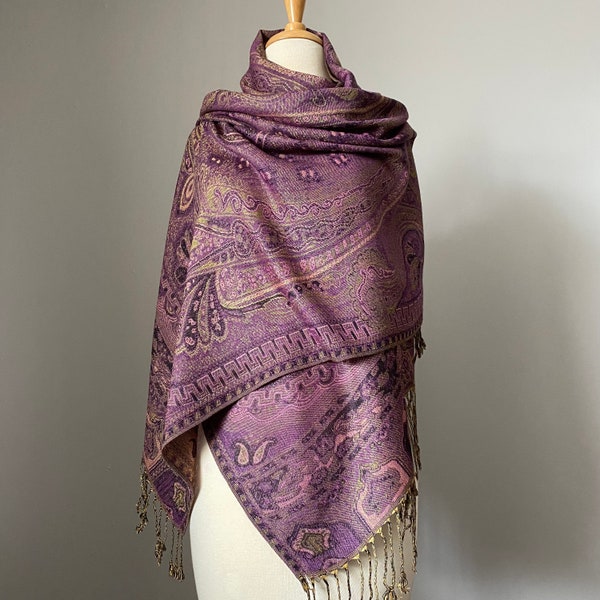 Purple Pashmina shawl, Large Paisley design, Two options Shawl or Infinity scarf