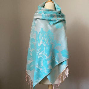 Large flower reversible pashmina shawl, Light Aqua Blue scarf for women, Two Sided Scarf Head Wraps, Special occasion outfit