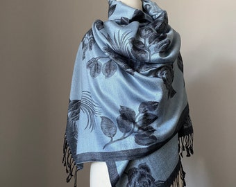 Reversible Steel Blue Pashmina shawl scarf, Large  Roses shawl,Two options: Pashmina shawl or Infinity Scarf