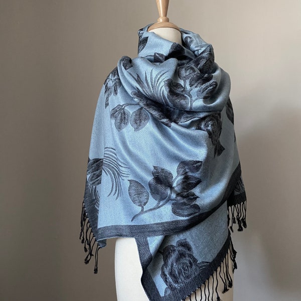 Reversible Steel Blue Pashmina shawl scarf, Large  Roses shawl,Two options: Pashmina shawl or Infinity Scarf