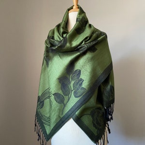 Olive Green Floral Pashmina shawl, Reversible Scarf with Roses,  Two options: Pashmina shawl or Infinity Scarf