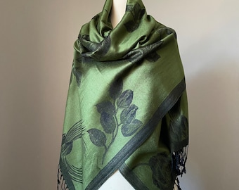 Olive Green Floral Pashmina shawl, Reversible Scarf with Roses,  Two options: Pashmina shawl or Infinity Scarf
