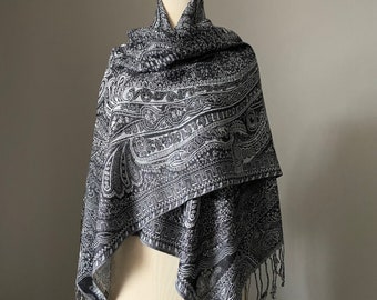 Black Off-White Pashmina shawl, Floral Paisley design, Two options Shawl or Infinity scarf