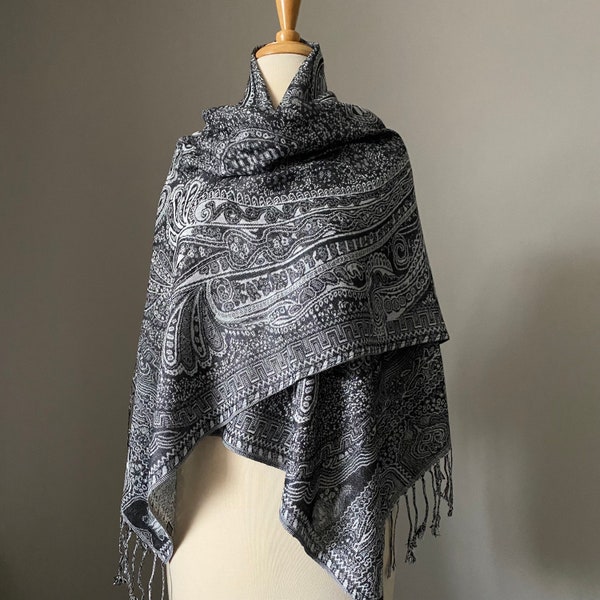 Black Off-White Pashmina shawl, Floral Paisley design, Two options Shawl or Infinity scarf