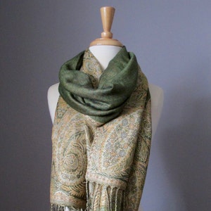 Olive Green/delicate paisley pashmina shawl, cowl scarf, eternity scarf, Christmas gift, Gift for her