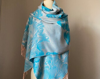 Reversible pashmina shawl/ Sky Blue large scarf for women/ Classic elegant style/ Two options: Pashmina shawl or Infinity Scarf