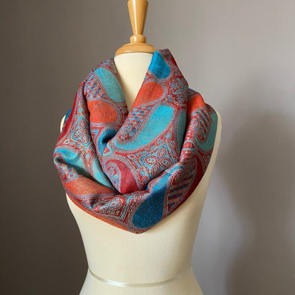 Large paisley  Infinity Scarf , Pashmina, Orange Blue