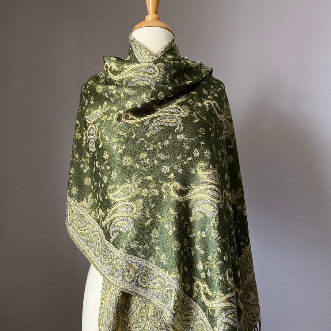 Large Fringed Scarf in Moss Green, Paisley Pashmina Shawl , Two Option