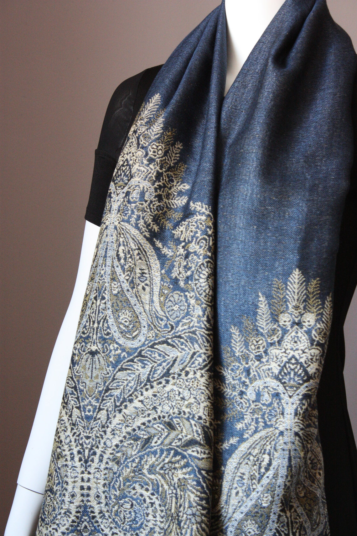 Long Narrow Scarf - Midnight/Ecru