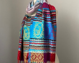 Multicolored bohemian shawl wrap for women, ethnic tribal, boho chic clothing fashion scarf fall accessories, women scarves