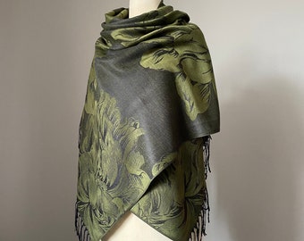 Olive Black pashmina shawl, Lightweight scarf for women, Floral Pashmina Shawl, Wedding accessories