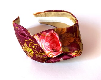 Wide headband flower print burgundy silk scarf wrap top knotted hairband women girls fashion headcover summer floral hairpiece