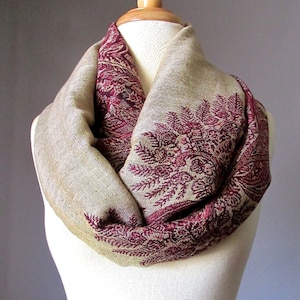 Fern Infinity scarf, Ivory and Burgundy scarf, Dark red scarf