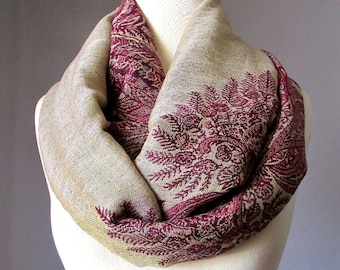 Fern Infinity scarf, Ivory and Burgundy scarf, Dark red scarf