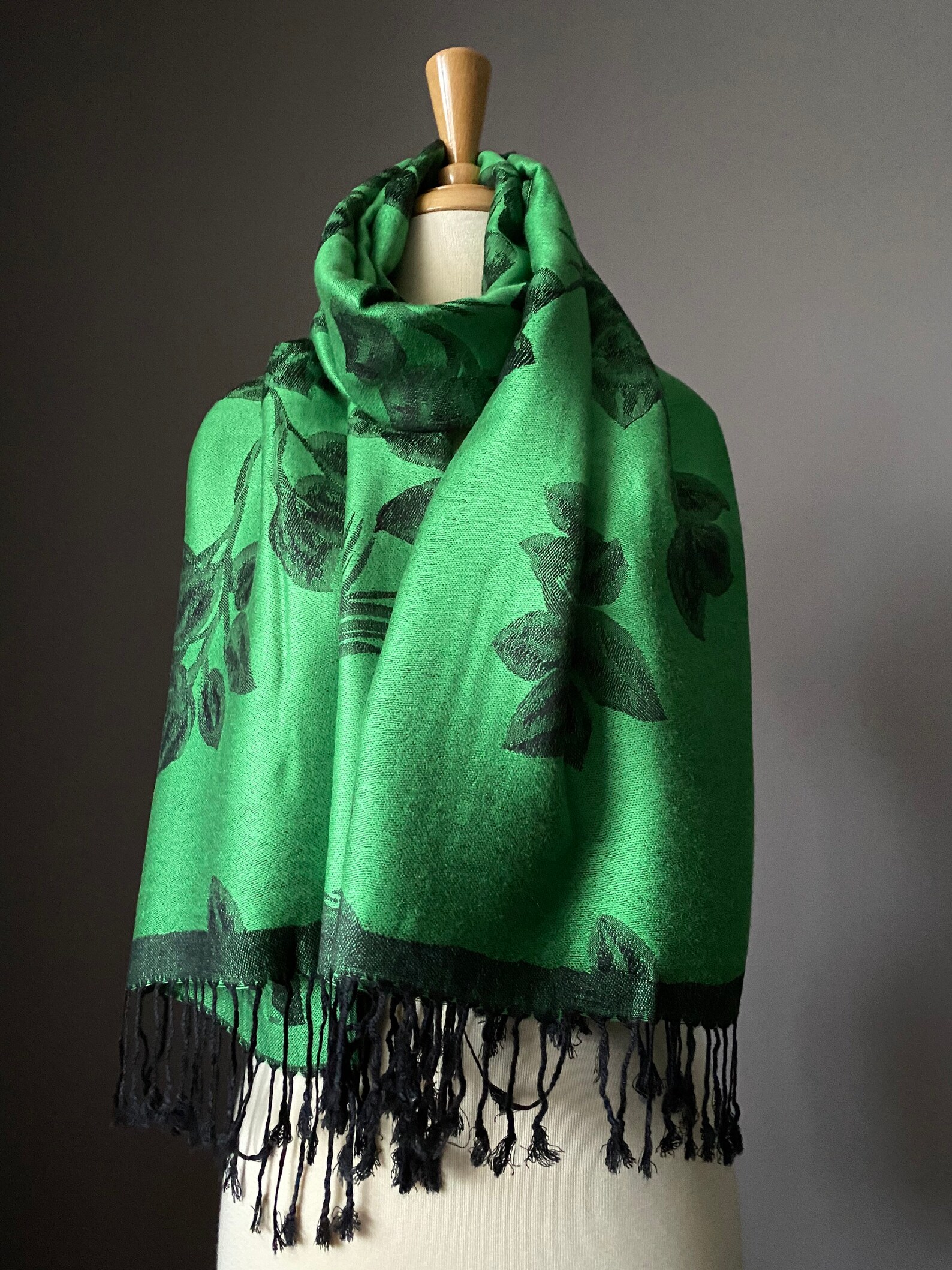 Kelly Green Floral Pashmina Shawl Reversible Scarf Two Etsy