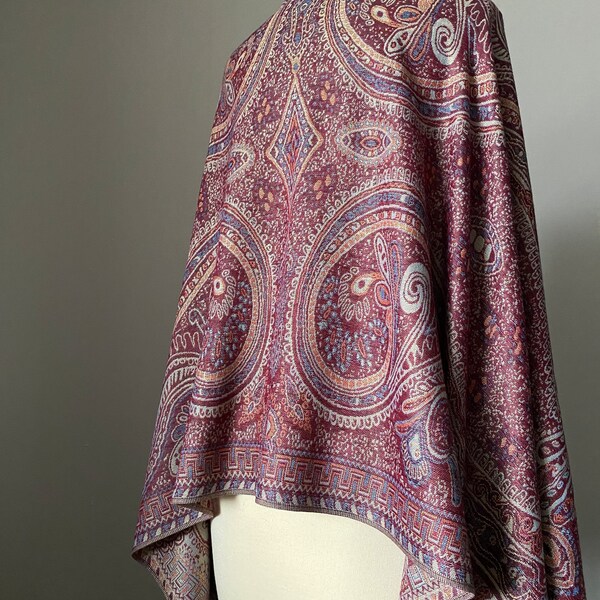 Lightweight paisley shawl; Bohemian Festival pashmina rave; Burgundy Plum; Two styles: Shawl or Infinity scarf