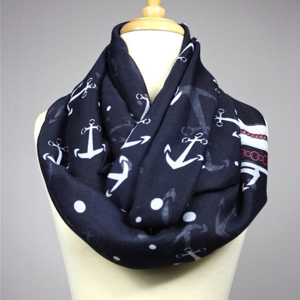 Anchor infinity scarf - nautical scarf - nautical infinity scarf - light scarf - Navy scarf - sailor scarf - Navy infinity scarf