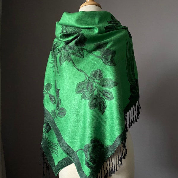 Kelly Green Floral Pashmina shawl, Reversible Scarf,  Two options: Pashmina shawl or Infinity Scarf