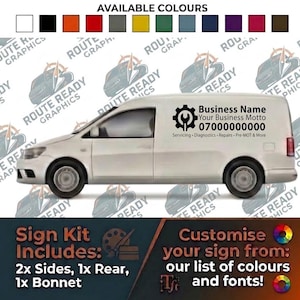 Könnte beinhalten: Ein weißes Transporter-Seitenprofil-Aufkleber-Set mit Zahnrad- und Schraubenschlüssel-Logo, Text Business Name, Your Business Motto, 07000000000, Servicing, Diagnostics, Repairs, Pre-MOT & More. Enthält 2 Seiten, 1 Heck und 1 Motorhaube.