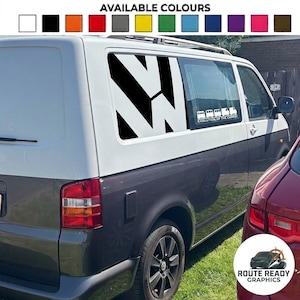 May include: A white and dark grey van featuring a large black geometric decal on the side window and a smaller white graphic showing the evolution of the camper with text. A colour palette bar is displayed at the top with twelve available colours.