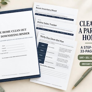 May include: A dark blue binder containing a 33-page printable system titled The Home Clean Out and Downsizing Binder. Included are sheets for a Room Inventory, Online Sales Tracker, and a Thirty Day Clean Out Plan with columns for sorting.