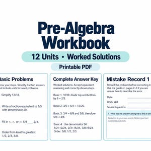 May include: A Pre-Algebra Workbook printable PDF featuring 12 units and worked solutions. The document includes sections for Basic Problems, a Complete Answer Key with step-by-step maths examples, and a Mistake Record 1 tracking sheet.