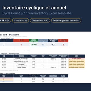 May include: A digital Excel template for cycle count and annual inventory management. The interface displays a dashboard with inventory metrics, upcoming counts, and an ABC breakdown table, featuring bilingual English and French text labels.