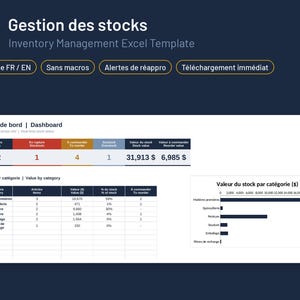 May include: An inventory management Excel template dashboard featuring a dark blue background with white text. The interface displays stock status, reorder alerts, and category values in tables and a bar chart, labeled in both French and English.