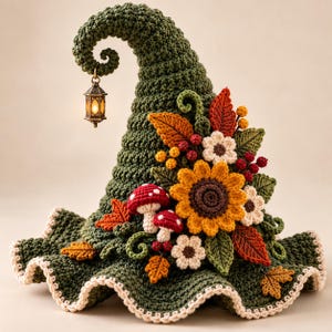 May include: A dark green crocheted pointed hat with a curled tip featuring a small hanging lantern. The hat is decorated with crocheted sunflowers, white flowers, red mushrooms, and various autumn-colored leaves in shades of orange and brown.