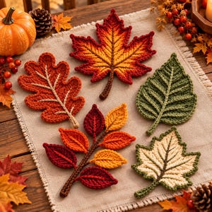 Può includere: Una collezione di cinque foglie autunnali all'uncinetto di varie forme e colori, tra cui una foglia d'acero rossa e gialla, una foglia di quercia arancione, una foglia verde, una foglia color crema e verde e un ramo con piccole foglie rosse, arancioni e gialle.