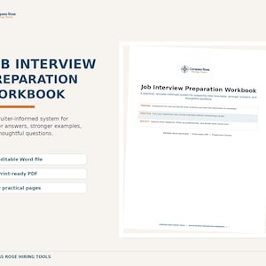 Può includere: Un quaderno di lavoro per la preparazione ai colloqui di lavoro di Compass Rose Hiring Tools. Il documento include sezioni per preparare, praticare e riflettere. Disponibile come file Word modificabile e PDF pronto per la stampa, con 9 pagine.
