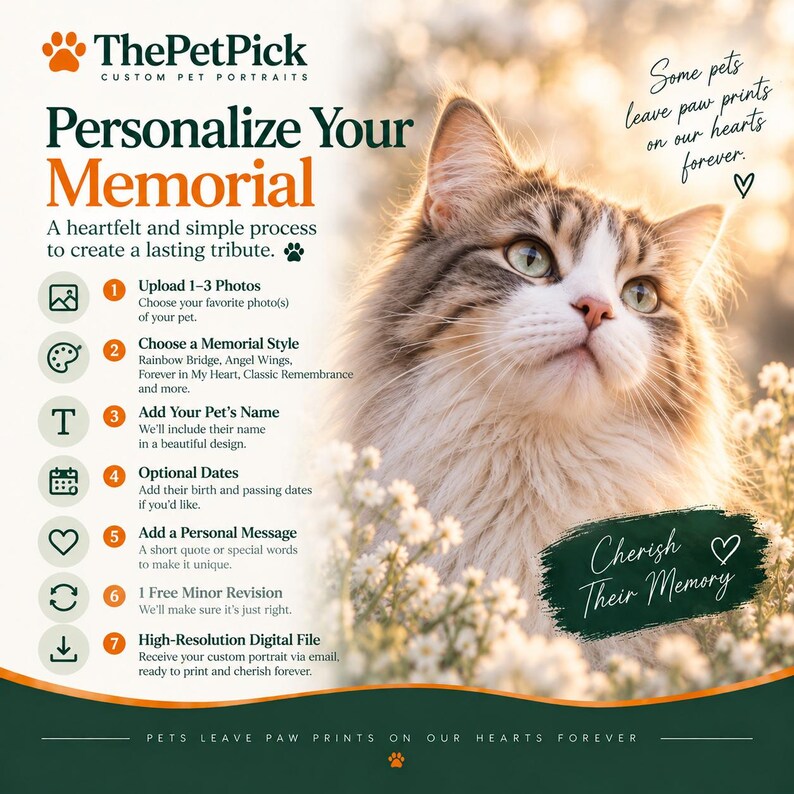 May include: A promotional graphic for ThePetPick custom pet portraits featuring a fluffy brown and white cat among white flowers. The text outlines a seven-step personalization process for memorial tributes, including options for names and dates.
