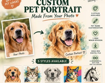 May include: A promotional graphic for a custom pet portrait service featuring a golden retriever photo and a watercolor illustration. Text includes ThePetPick, Custom Pet Portrait, 5 Styles Available, and examples of cartoon, watercolor, pencil sketch, pop art, and ink illustration styles.