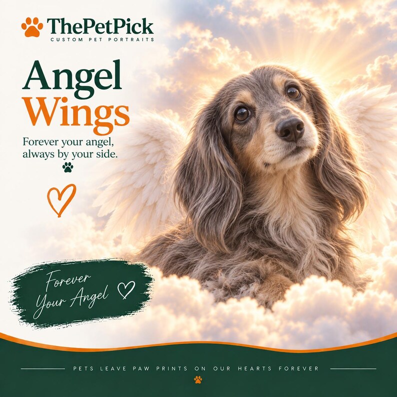 May include: A custom pet portrait featuring a long-haired dachshund with white angel wings, set against a cloudy sky. Text includes ThePetPick, Angel Wings, Forever your angel, always by your side, Forever Your Angel, and Pets leave paw prints on our hearts forever.