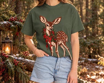 Christmas Deer Shirt, Cute Fawn Graphic Tee, Vintage Woodland Animal T-Shirt, Cozy Holiday Gift, Comfort Colors 1717