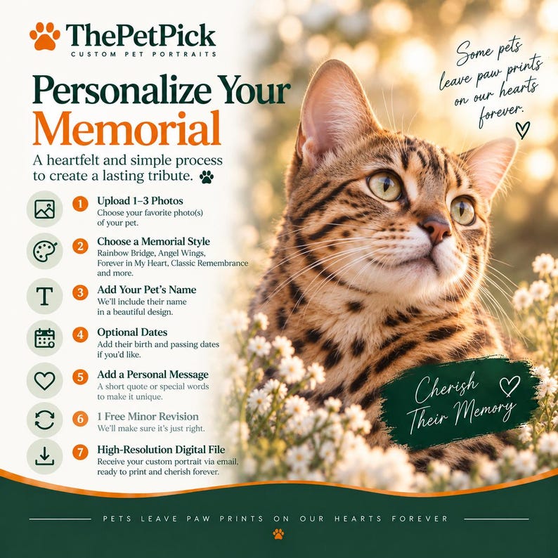 May include: A promotional graphic for custom pet memorial portraits featuring a brown tabby cat in a field of white flowers. The text includes ThePetPick, Personalize Your Memorial, a seven-step process list, and the phrase Some pets leave paw prints on our hearts forever.