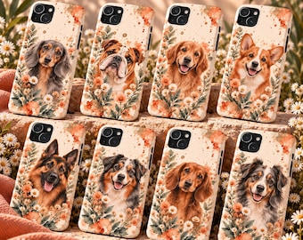 May include: Eight rectangular phone cases arranged in two rows, each featuring a unique dog breed portrait surrounded by watercolor-style orange and white flowers on a cream background. Each case has a black camera cutout in the top corner.