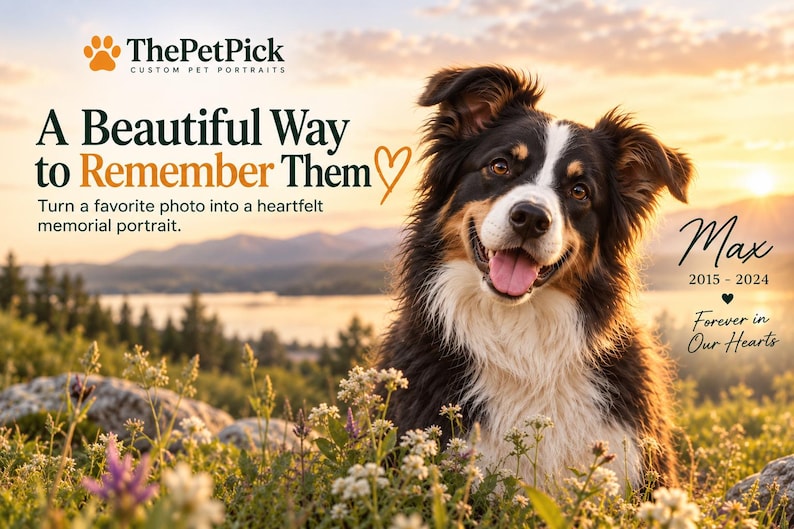 May include: A custom pet memorial portrait featuring a black, white, and tan dog in a field of flowers. Text reads: ThePetPick, A Beautiful Way to Remember Them, Max 2015-2024, Forever in Our Hearts. The background shows a sunset over a lake and mountains.