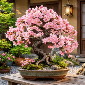 Pode incluir: Um bonsai com um tronco castanho grosso e texturizado e ramos cobertos por numerosas flores de cerejeira cor-de-rosa claro. A árvore está plantada num vaso de cerâmica oval e raso, cheio de musgo verde, pequenas pedras cinzentas.