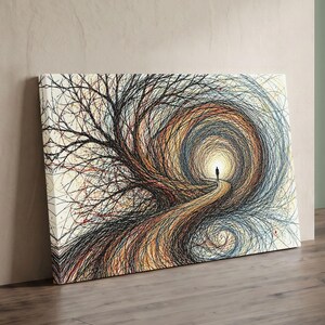 May include: A rectangular canvas print featuring a dense, swirling network of black, blue, and orange lines forming a tunnel-like structure. A small, solitary silhouette of a person stands on a path leading toward a bright, glowing light.