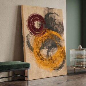 Impression sur toile abstraite circulaire, art mural zen japonais Enso, œuvre d'art aux tons ocre neutre et à l'encre rouge, décoration moderne wabi-sabi pour le salon
