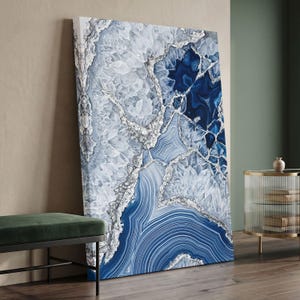 Blue Agate Geode Canvas Print, Navy Blue Crystal Wall Art, Glam Marble Mineral Texture Decor, Modern Abstract Living Room Canvas