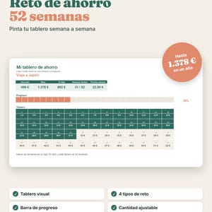 May include: A 52-week savings challenge digital template in Spanish. The layout features a progress bar, a savings board with numbered boxes from 1 to 52, and a circular badge stating 1.378 € in one year. Includes text labels for Excel, Google Sheets, and LibreOffice.
