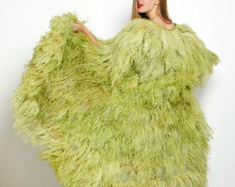 Vtg 60s Green Ostrich Feather Maxi Coat Duster Dress