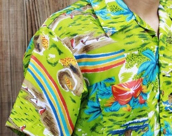 Vtg 70s Anthurium & Rainbows Hawaii Shirt by Waikiki Holiday