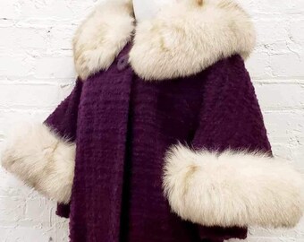 Vtg 60s Purple Wool and Fox Fur Capelet Coat by Burnett New York