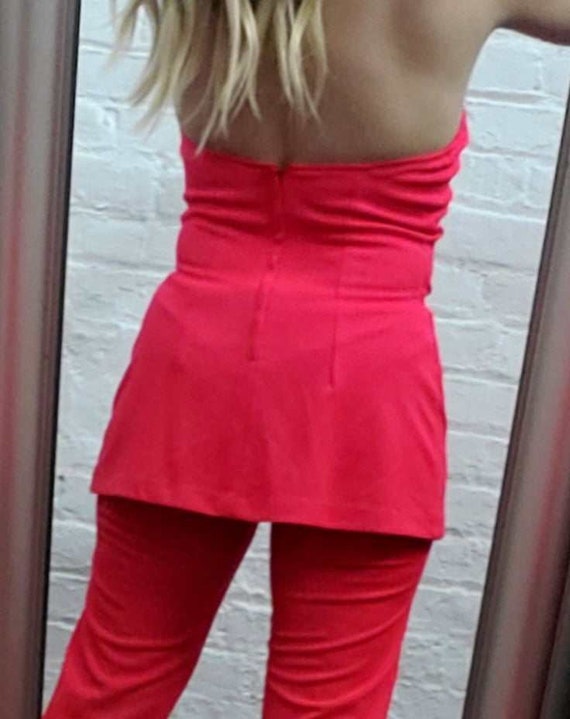 Vtg 70s Coral Red 2 Piece Halter & Bell Bottom Set - image 9