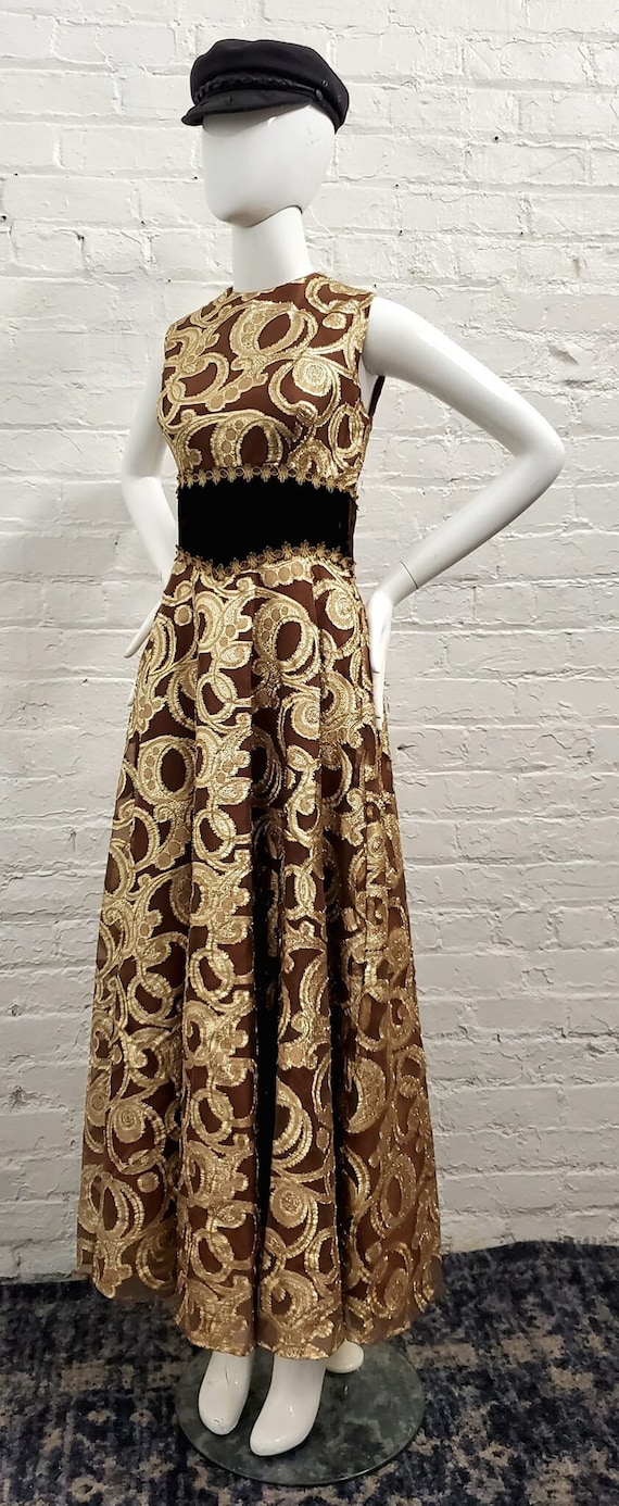 Vtg 70s Chocolate Brown Metallic Gold Maxi Dress